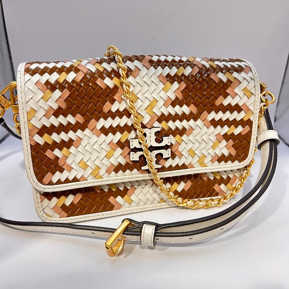 TORY BURCH White Brown Patent Pink Tan Woven Leather Britten Crossbody purse bag